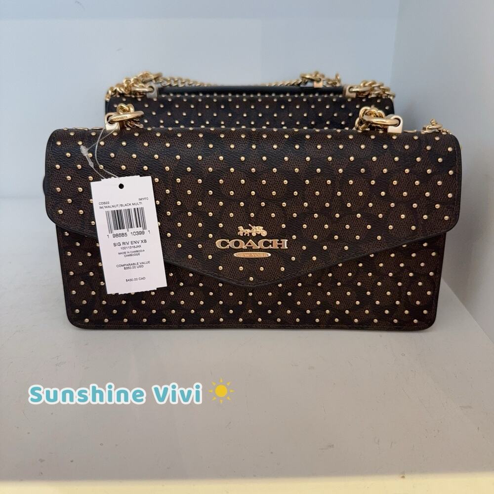 NWT Coach Klare Envelope Crossbody Bag Signature Rivets Gold/Walnut/Black CDB22 - Picture 9 of 9
